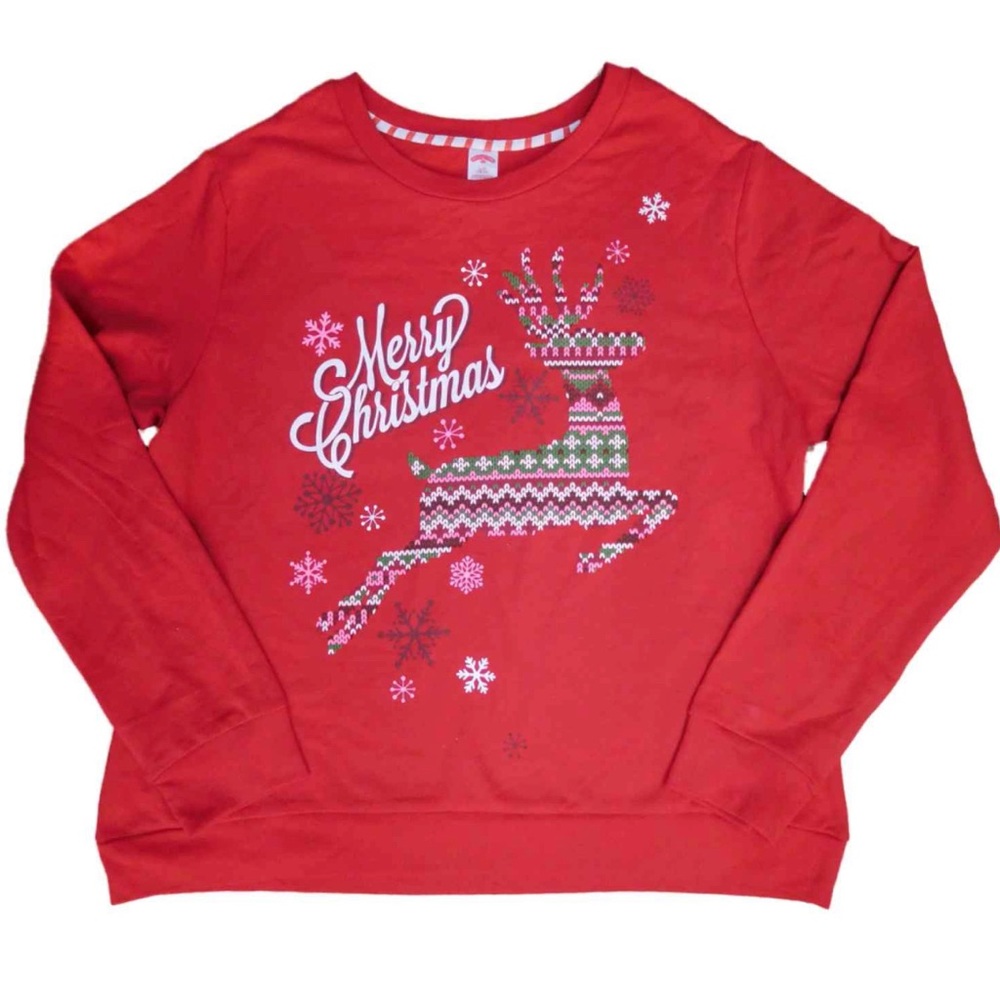 Holiday Time Womens Plus Red Merry Christmas Reindeer Pullover Sweatshirt Top 2X